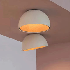 Matt Black Plaster Dome Flush Ceiling Light, Wood-Lined Interior, Angled Mount, Remote Included, 50cm, Bedroom & Living Room