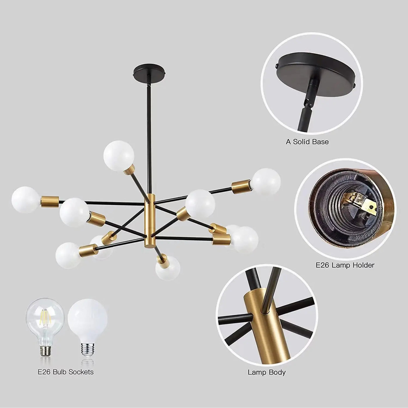 Black and Brass 8 Light Sputnik Chandelier, Asymmetric Rods with Exposed Globe Bulbs, Central Brass Hub, Dining Room & Living Room