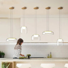 Clear Glass Dome Pendant Light, 28cm Shade, Gold Metal Trim, Opal Diffuser Ball, Dining Table & Kitchen Island