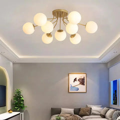Opal Glass Globe Burst Semi Flush Ceiling Light, 12 Globes on Matt Black Branching Arms, Wide Arm Spread, Living Room, Bedroom & Hallway