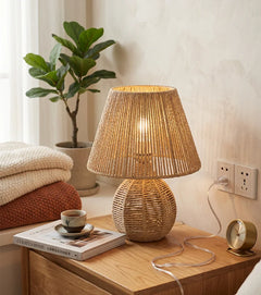 Woven Paper Rope Cone Table Lamp, Amber Finish, Turned Wood Ball Waist, Handmade Texture, Bedside, Console & Living Room