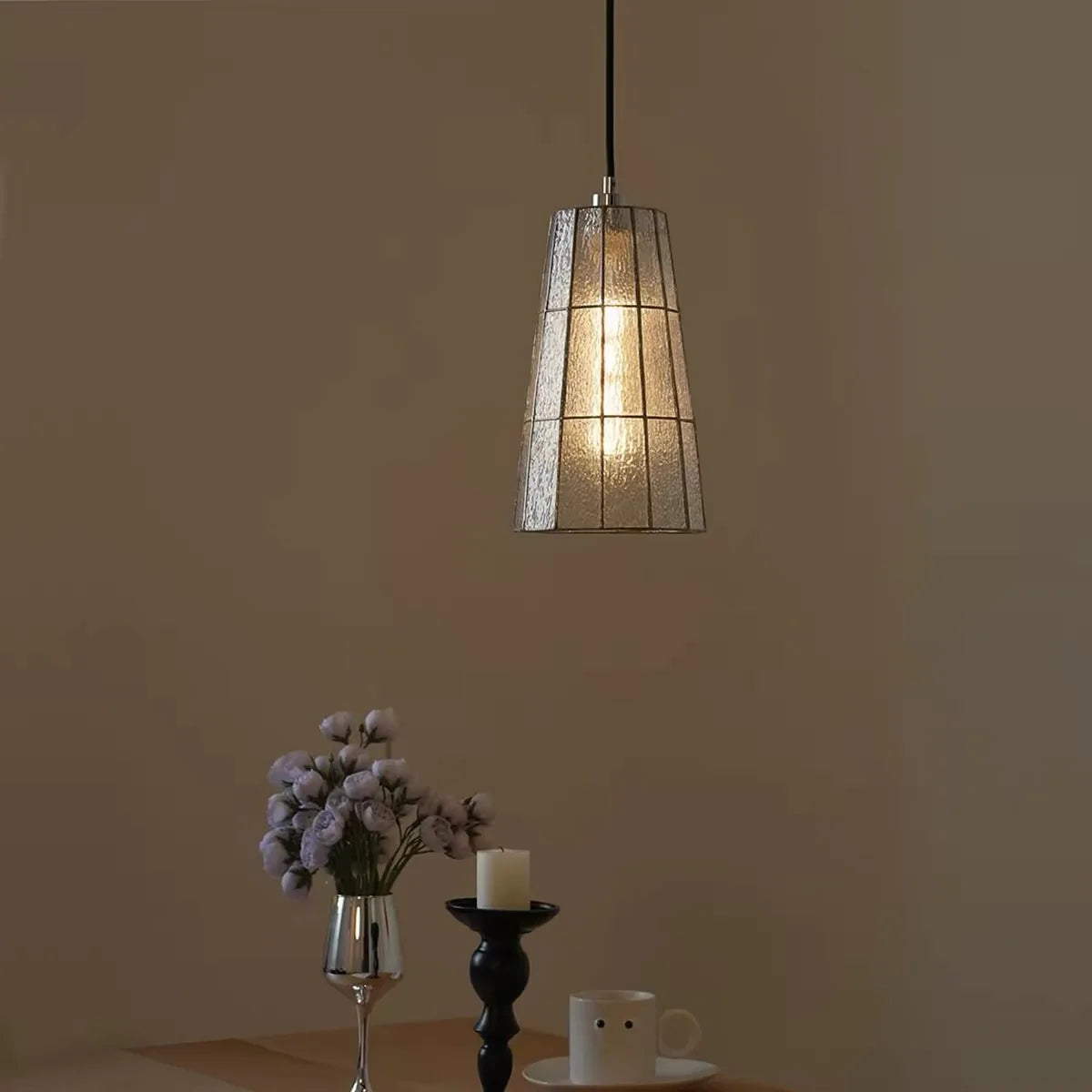 Blue Stained Glass Cone Pendant Light, Leaded Mosaic Panels on a Chrome Fitting, Bulb Not Included, Dining Table & Kitchen