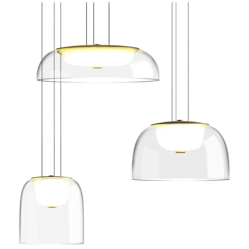 Clear Glass Dome Pendant Light, 28cm Shade, Gold Metal Trim, Opal Diffuser Ball, Dining Table & Kitchen Island