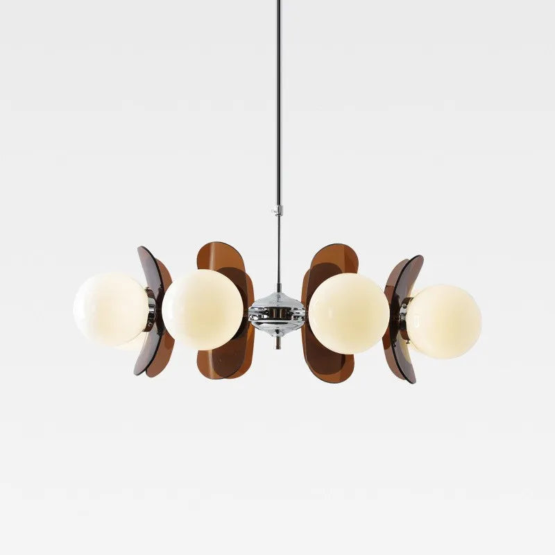 Opal Glass Cluster Chandelier, Chrome Finish, 5 Light Opal Glass Spheres with Brown Fin Panels, Dining Room, Living Room & Bedroom