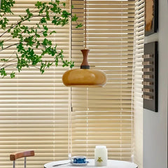 Fluted Amber Glass 28cm Ellipse Pendant Light, Turned Wood Neck with Brass Detail, Braided Cable Suspension, Kitchen Island & Dining Table