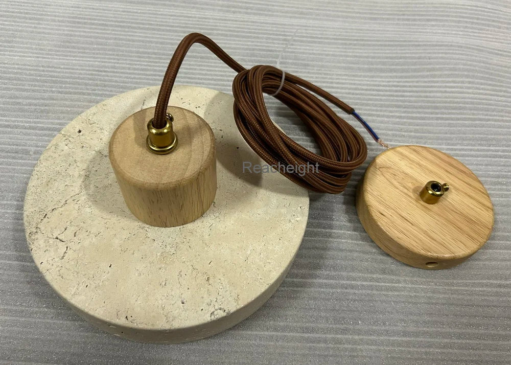 Natural Travertine Disc Pendant Light, Wood Cap Over a Bare Opal Glass Globe, Bulb Not Included, Bedside & Kitchen Island