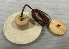 Natural Travertine Disc Pendant Light, Wood Cap Over a Bare Opal Glass Globe, Bulb Not Included, Bedside & Kitchen Island