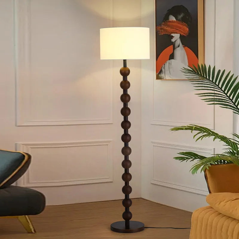 Stacked Wood Bead Column Floor Lamp, Near Black Finish, Cream Drum Shade, Living Room, Reading Corner & Bedroom