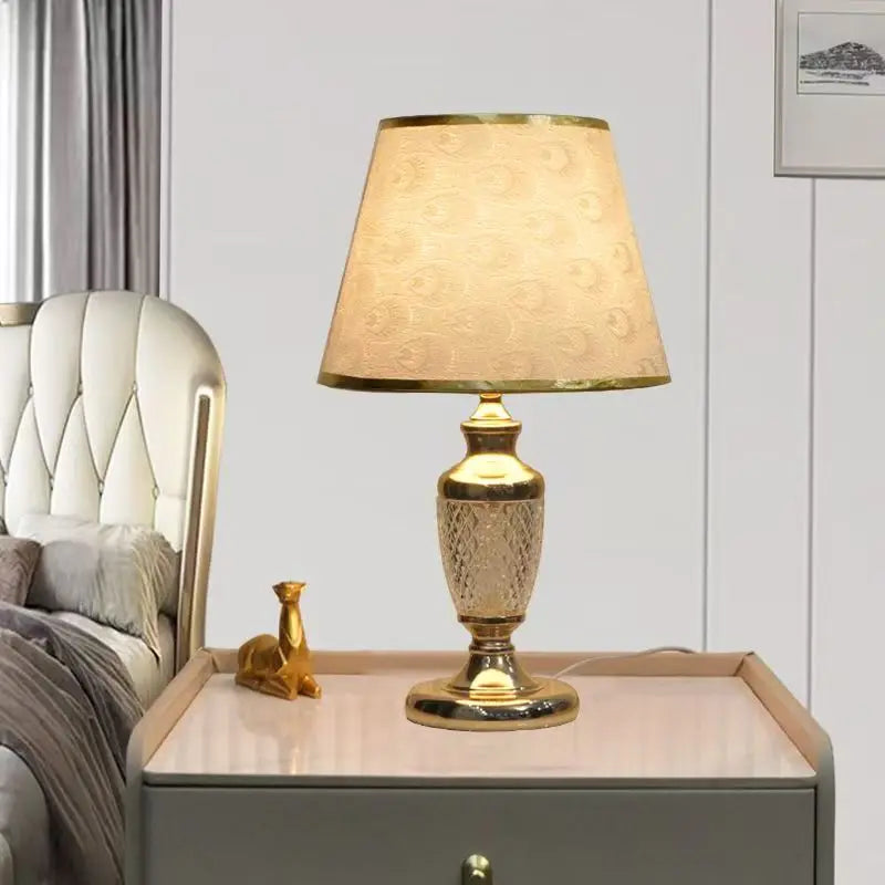 Gold and Brass Table Lamp, Fabric shade printed with a soft crescent moon pattern, Turned Brass Baluster Base, Bedside & Console