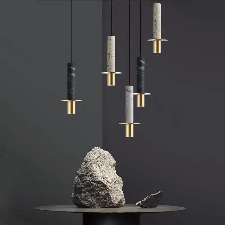 Polished Black Marble Column Pendant Light, Brass Disc Base, Integrated LED, Kitchen Island, Dining Table & Living Room
