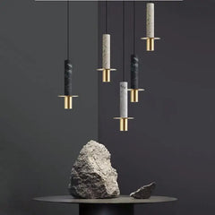 Polished Black Marble Column Pendant Light, Brass Disc Base, Integrated LED, Kitchen Island, Dining Table & Living Room