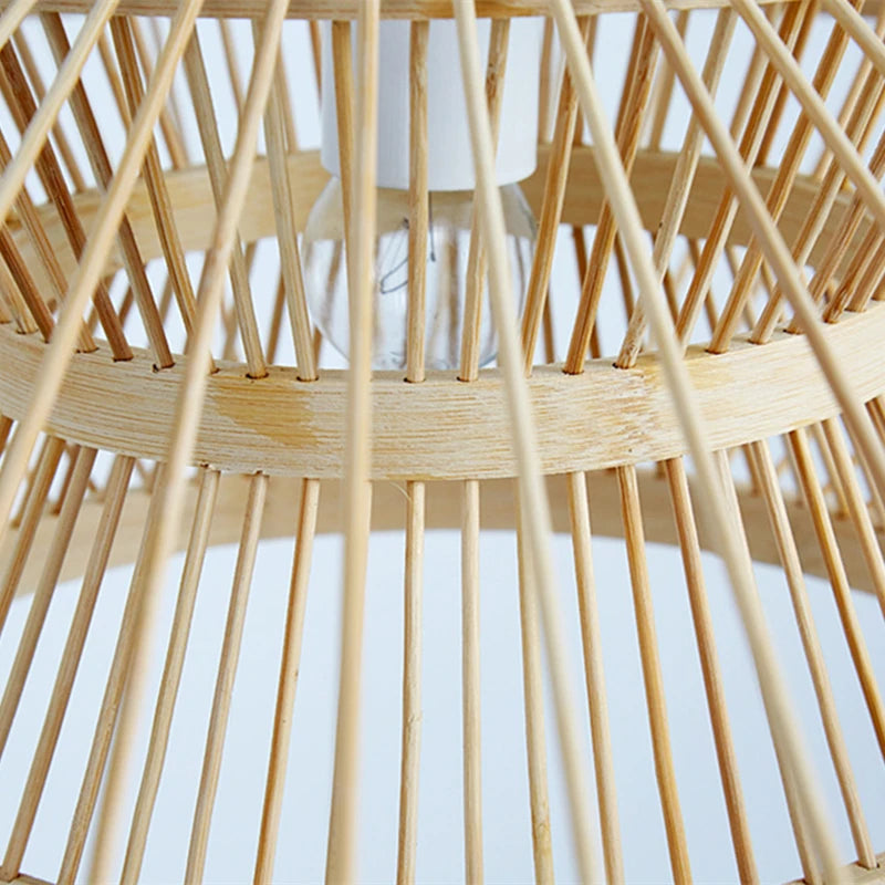 Woven Bamboo Disc Pendant Light in Gold, Wide Lantern Silhouette, Crisscross Weave, Dining Room, Living Room & Hallway