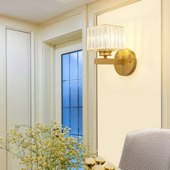 Fluted Glass Cylinder Wall Light, Polished Gold Angled Twin-Arm Bracket, Ribbed Clear Shade, Bedside & Hallway