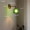 Fluted Glass Cone Wall Light, Green Finish, Brushed Brass Gooseneck Arm, Pull Cord Switch, Bedroom, Hallway & Living Room