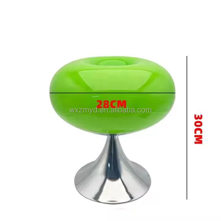 Glossy Green Glass Dome Table Lamp on a Chrome Trumpet Base, Rounded Mushroom Silhouette, Bedside & Living Room