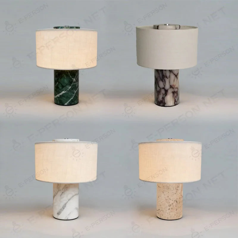 Polished Glass Cylinder Table Lamp in a Marbled Green Finish, Oatmeal Linen Drum Shade, Bedside & Living Room