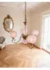 Pink Glass Globe Cluster Chandelier, Blush Pink Spheres on Scrolled Brass Arms, Chain Suspension, Dining Room and Hallway