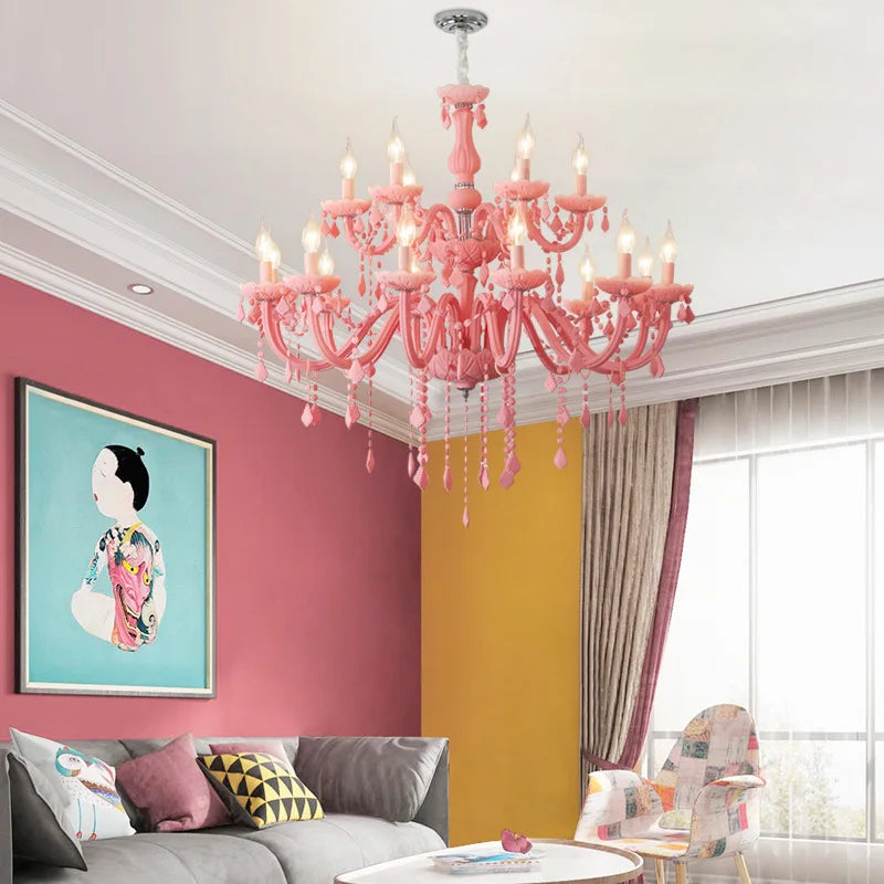 Pink Glass Tiered Candelabra Chandelier, 12 Lights, Scrolled Arms, Crystal Drops, Chrome Ring, 85cm Diameter, Bedroom & Living Room