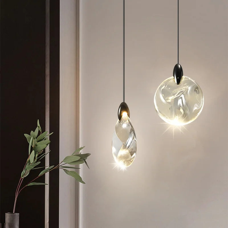 Faceted Crystal Teardrop Pendant Light, Twisted Clear Glass Drop on a Black Cord, Ceiling Suspended, Bedside & Landing