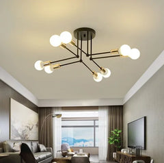 Sputnik Flush Ceiling Light, 6 Bulb Branching Arms in Black and Brass, Bare Round Bulbs, Bedroom, Hallway and Living Room