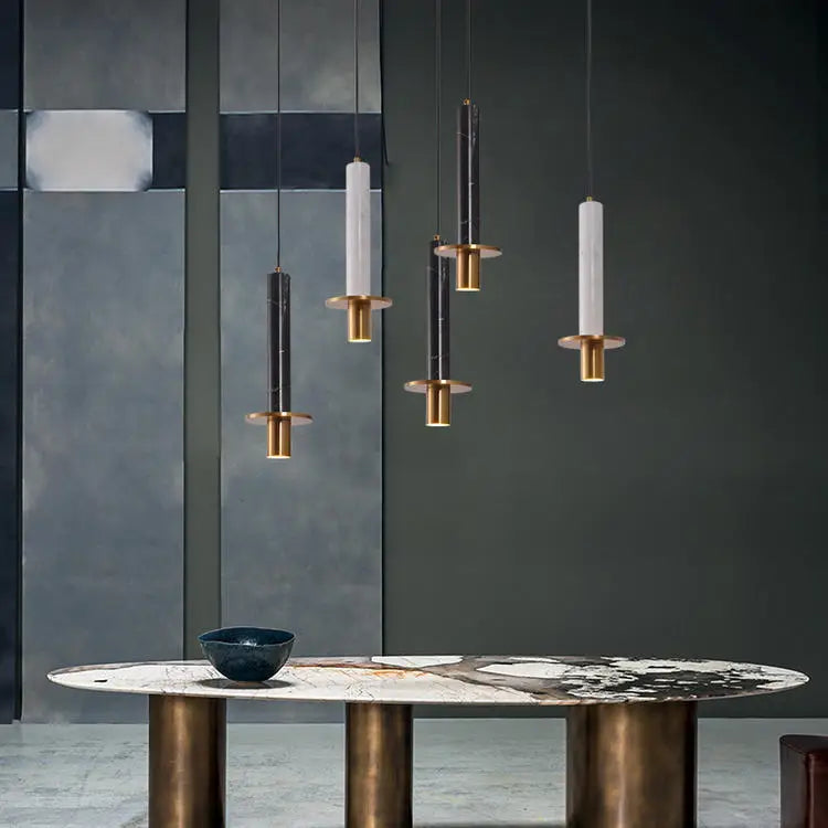 Polished Black Marble Column Pendant Light, Brass Disc Base, Integrated LED, Kitchen Island, Dining Table & Living Room