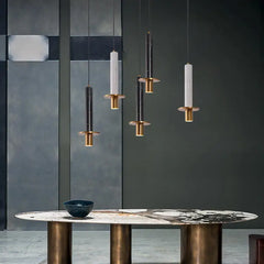 Polished Black Marble Column Pendant Light, Brass Disc Base, Integrated LED, Kitchen Island, Dining Table & Living Room