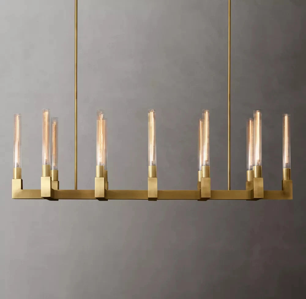 Fluted Glass Tube Linear Bar Chandelier, Bronze Finish, Modern Design, Tubes Set at Two Heights, Dining Room