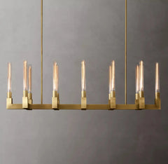 Fluted Glass Tube Linear Bar Chandelier, Bronze Finish, Modern Design, Tubes Set at Two Heights, Dining Room