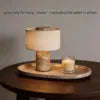 Emperador Light Marble Column Table Lamp, Natural Linen Drum Shade, Individually Veined Stone, Living Room, Bedroom & Console