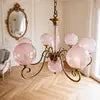Pink Glass Globe Cluster Chandelier, Blush Pink Spheres on Scrolled Brass Arms, Chain Suspension, Dining Room and Hallway