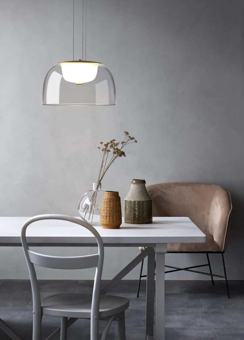 Clear Glass Dome Pendant Light, 28cm Shade, Gold Metal Trim, Opal Diffuser Ball, Dining Table & Kitchen Island