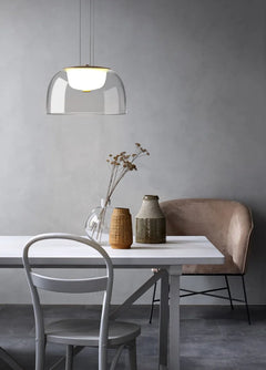 Clear Glass Dome Pendant Light, 28cm Shade, Gold Metal Trim, Opal Diffuser Ball, Dining Table & Kitchen Island