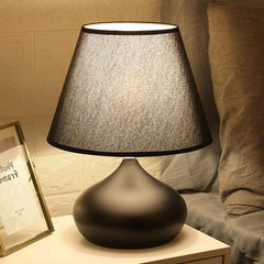 Teardrop Black Ceramic Table Lamp, Matt Rounded Base with a Charcoal Drum Shade, Bedside Table and Living Room