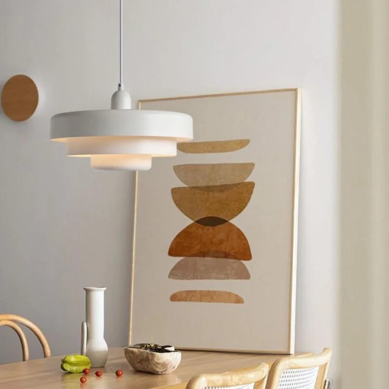 Glossy White Steel Tiered Pendant Light, Three Graduated Discs in a Lacquered Finish, Bulb Not Included, Dining & Kitchen