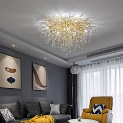 Gold Branch Crystal Leaf Flush Ceiling Light, Faceted Drops on a Starburst Frame, Single Fixed Finish, Dining Table & Living Room