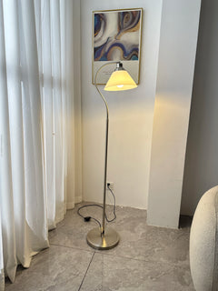 Brushed Nickel Gooseneck Floor Lamp, Cream Cone Shade, Curved Arm On A Round Base, Bedroom, Bedside & Reading Corner
