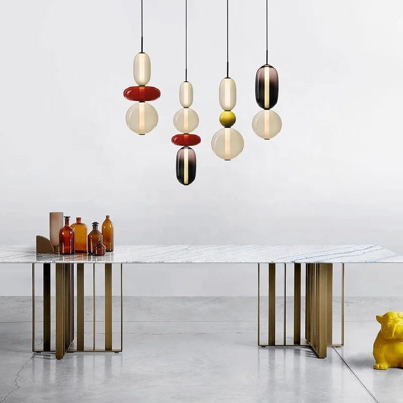 Tiered Glass Bead Pendant Light, Cream and Wine Red Finish, 3 Tier Stack, Large, Black Cord Suspension, Bedside & Dining Table