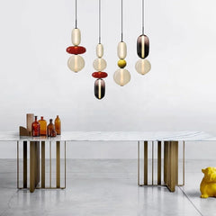 Tiered Glass Bead Pendant Light, Cream and Wine Red Finish, 3 Tier Stack, Large, Black Cord Suspension, Bedside & Dining Table