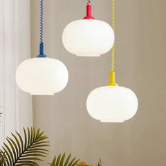 White Opal Glass Ellipse Pendant Light, Red Cord Cap, Twisted Flex, Kitchen Island, Dining Table & Stairwell