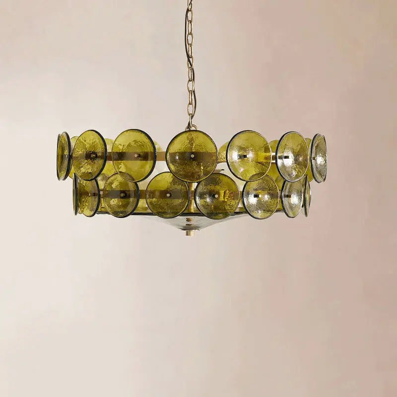 Hammered Green Glass Disc Drum Chandelier, Chain Suspended, Warm Textured Glow, Dining Room & Kitchen Island