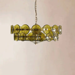 Hammered Green Glass Disc Drum Chandelier, Chain Suspended, Warm Textured Glow, Dining Room & Kitchen Island