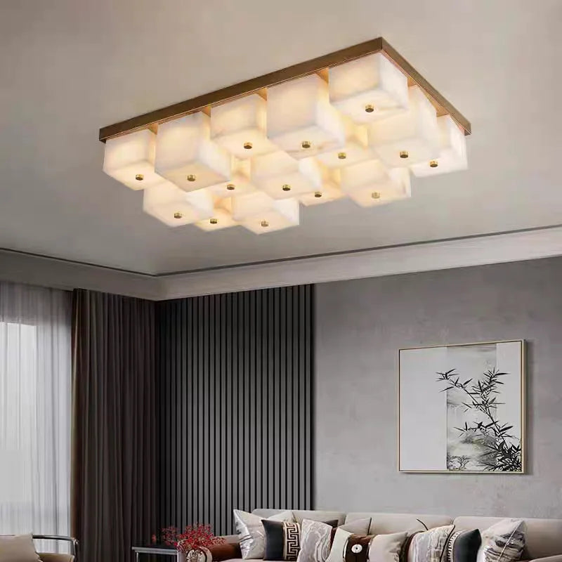 Marbled Alabaster Cube Flush Ceiling Light, 12 Light Grid of Glowing Blocks in a Brass Frame, Dining Room, Living Room & Hallway
