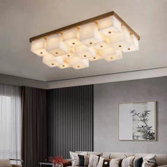Marbled Alabaster Cube Flush Ceiling Light, 12 Light Grid of Glowing Blocks in a Brass Frame, Dining Room, Living Room & Hallway