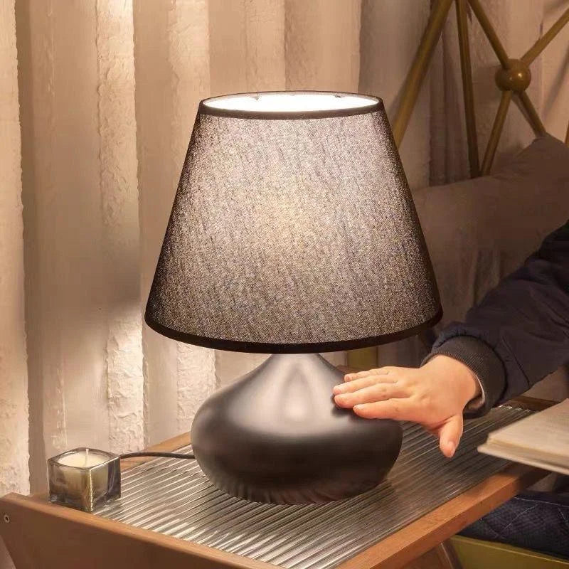 Teardrop Black Ceramic Table Lamp, Matt Rounded Base with a Charcoal Drum Shade, Bedside Table and Living Room