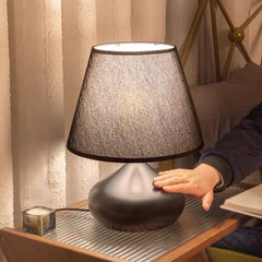 Teardrop Black Ceramic Table Lamp, Matt Rounded Base with a Charcoal Drum Shade, Bedside Table and Living Room