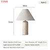 Travertine Column Table Lamp, Natural Mottled Stone Base, Rounded Cream Linen Bell Shade, Living Room & Bedroom
