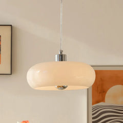 Glossy Wine Red Glass Drum Pendant Light, Rounded Pebble Silhouette, Polished Chrome Fitting, Living Room & Bedroom