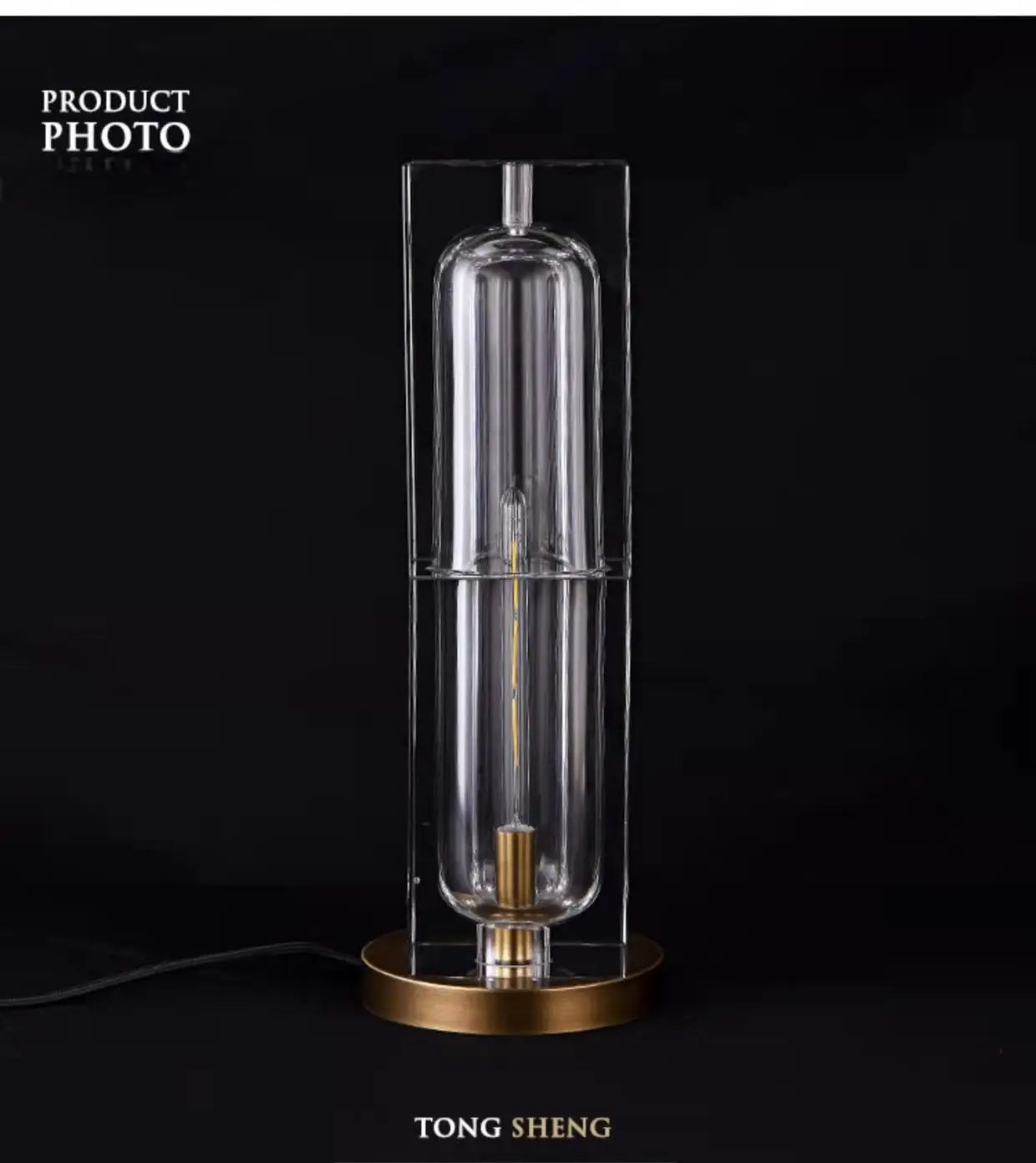 Clear Crystal Column Table Lamp, Faceted Glass with a Visible Filament Tube, Round Brass Base, Bedside & Console