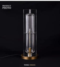 Clear Crystal Column Table Lamp, Faceted Glass with a Visible Filament Tube, Round Brass Base, Bedside & Console