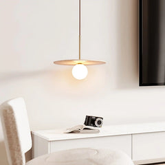 Textured Travertine Disc Pendant Light, 40cm Diameter, Opal Globe Below, Brass Stem, Dining Table & Kitchen Island